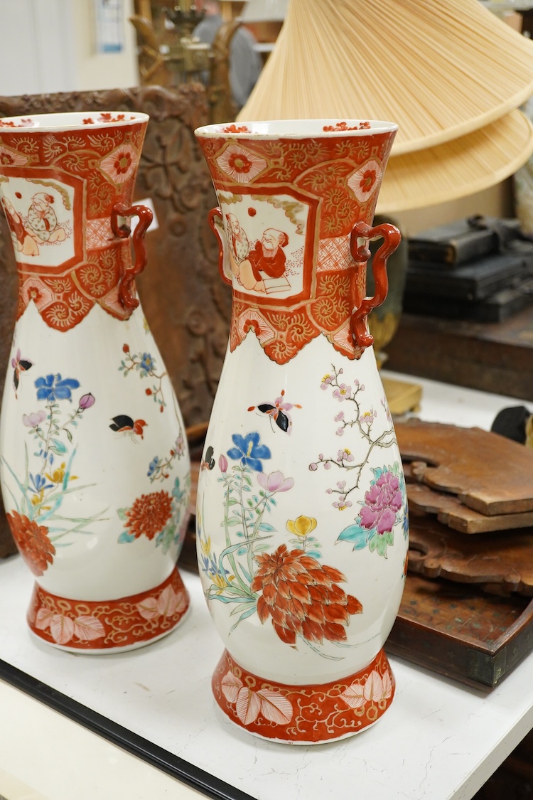 A pair of tall Japanese two handled Kutani style vases, c.1900, 41cm high